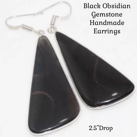 Huge Black Obsidian Handmade Dangle Drop Earrings - Picture 3 of 5